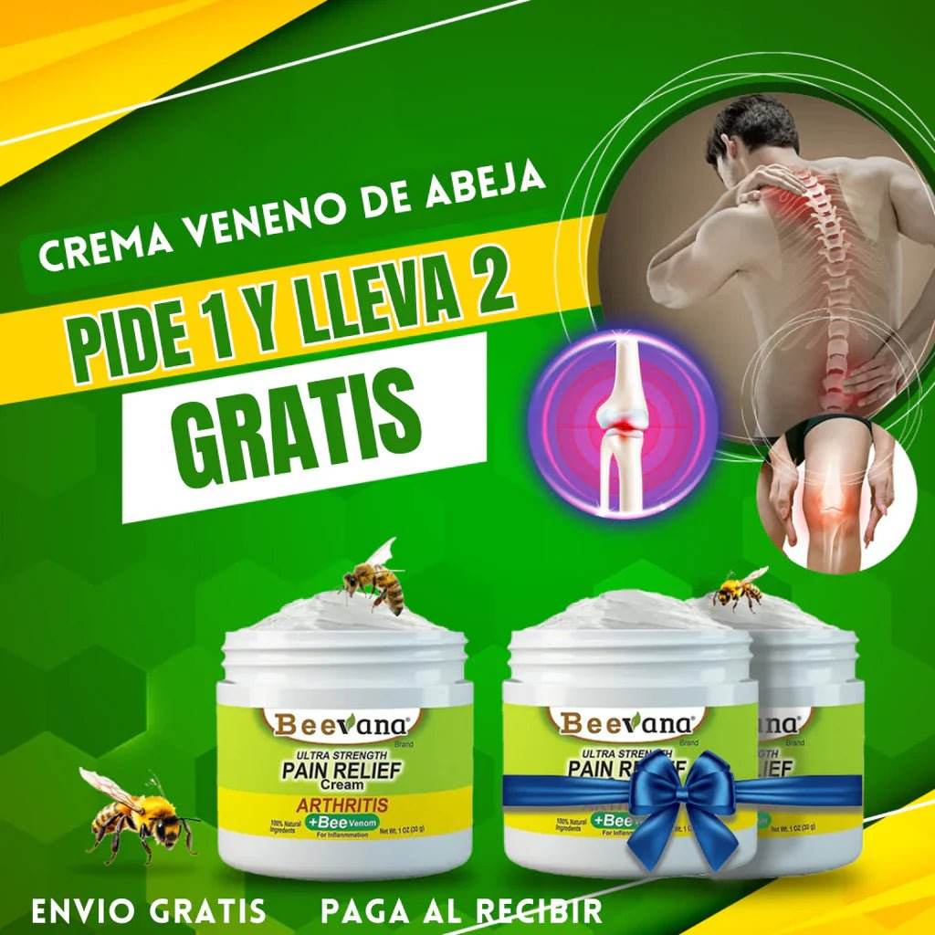 Combo promocional de 2 cremas Beevana para aliviar dolores articulares, con veneno de abeja y propiedades antiinflamatorias. Pide 1 y recibe 2 gratis.