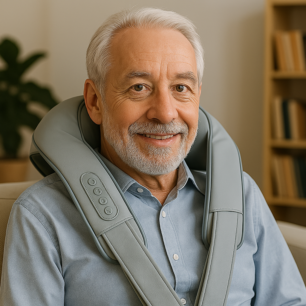 Hombre disfrutando de un masaje relajante con el masajeador de cuello y espalda PROCOMFORT, ideal para aliviar tensiones musculares y mejorar el bienestar en casa.