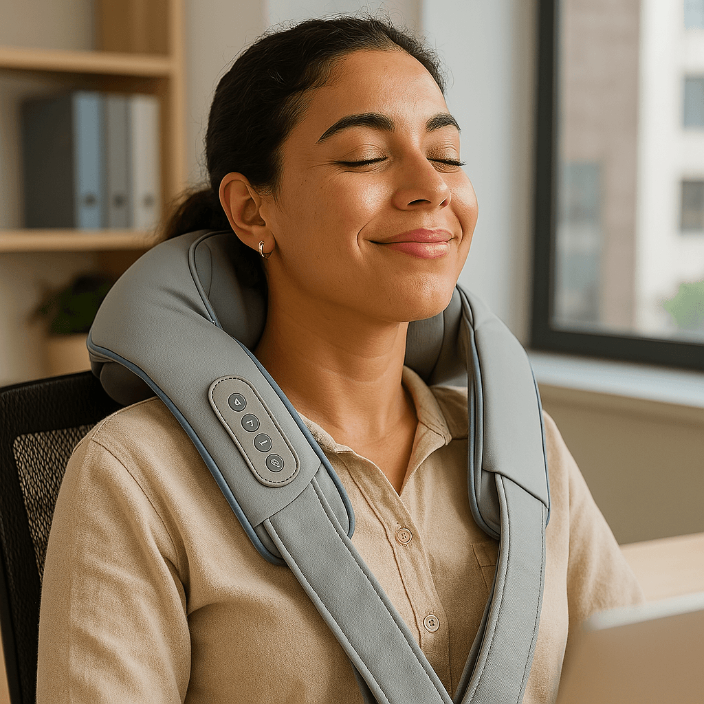 Mujer disfrutando de una experiencia relajante con el masajeador de cuello y espalda PROCOMFORT, ideal para aliviar tensiones y dolores musculares después de un largo día.